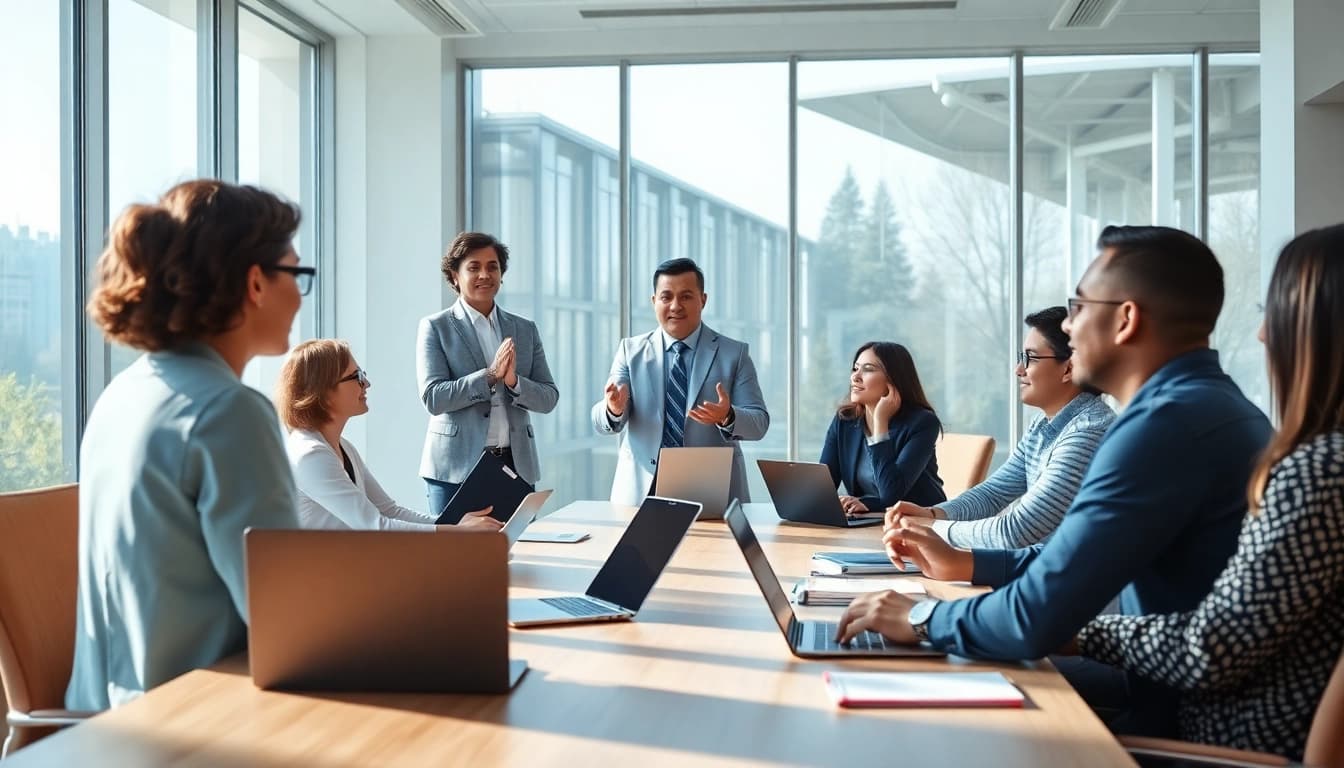 Leadership development coach guiding a diverse team in a modern office setting.