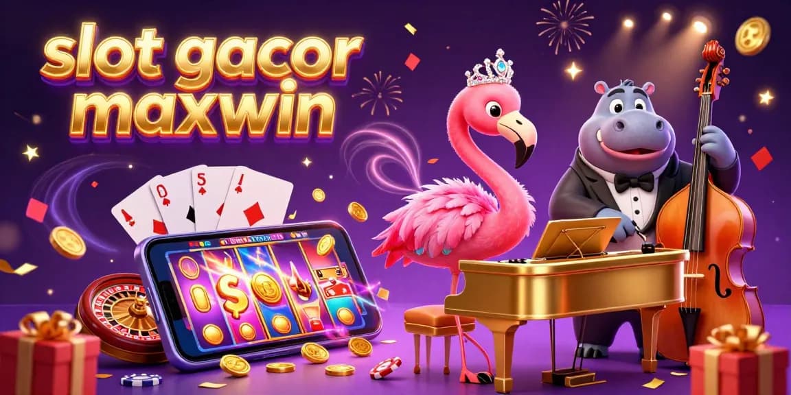 Gambarkan slot gacor maxwin dengan flamingo penyanyi kasino dan elemen permainan yang meriah.
