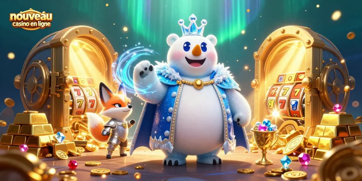 Visualisez le nouveau casino en ligne avec un ours polaire royal en 3D et son compagnon, entourés de trésors brillants.