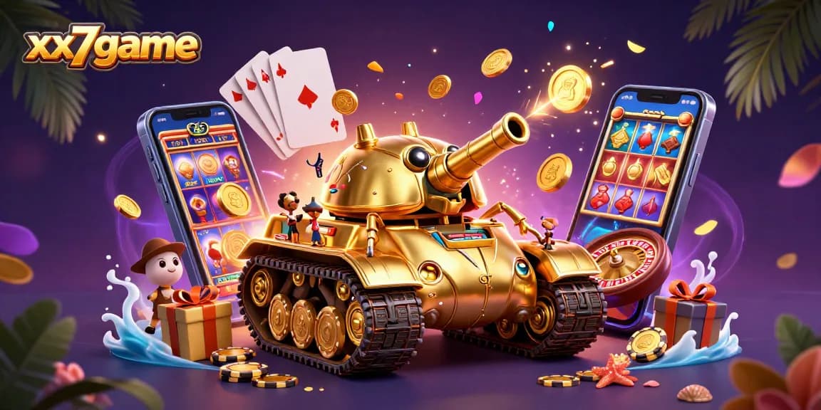 Experience the excitement of xx7game with vibrant symbols and casino elements in a colorful scene.