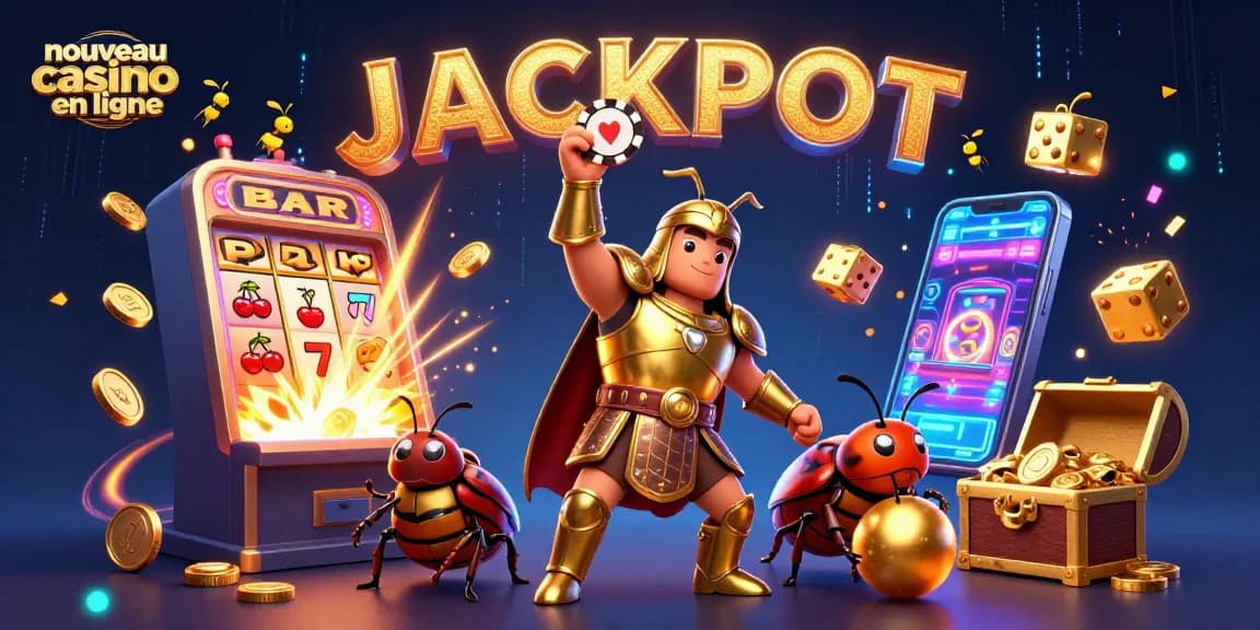 Illustration dynamique sur un nouveau casino en ligne avec des insectes en armure et des symboles de jackpot.