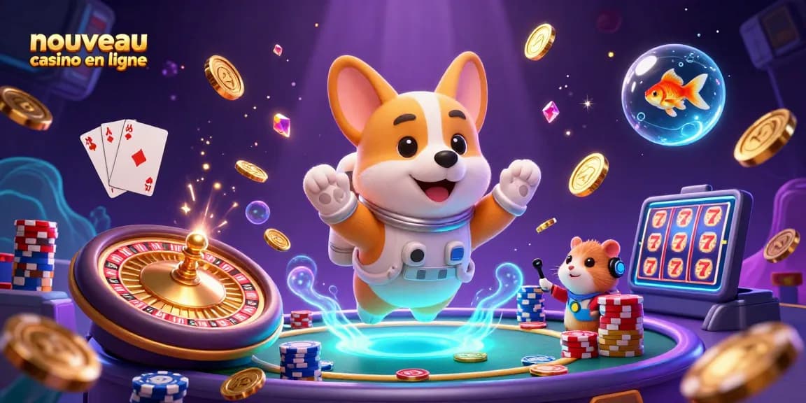 Illustration dynamique d'un nouveau casino en ligne avec un corgi astronaute et des jetons de poker.