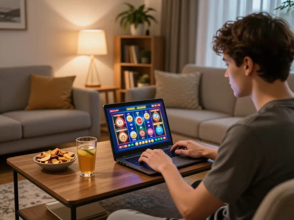Engaging in online casino games at home using a laptop, showcasing casinò americani online experience in a cozy environment.