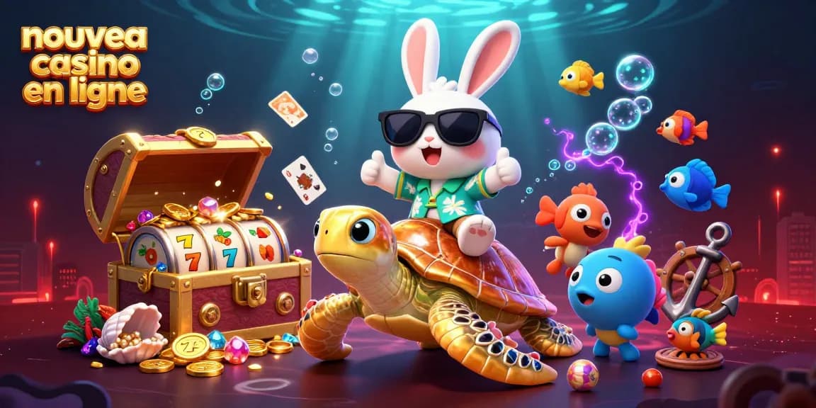 Illustration dynamique de jeux à "nouveau casino en ligne" avec un lapin chanceux et une tortue dorée.