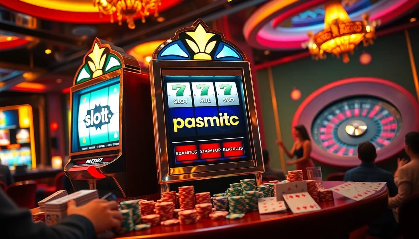 Players enjoying the slot pragmatic experience among vibrant casino elements like chips and cards.