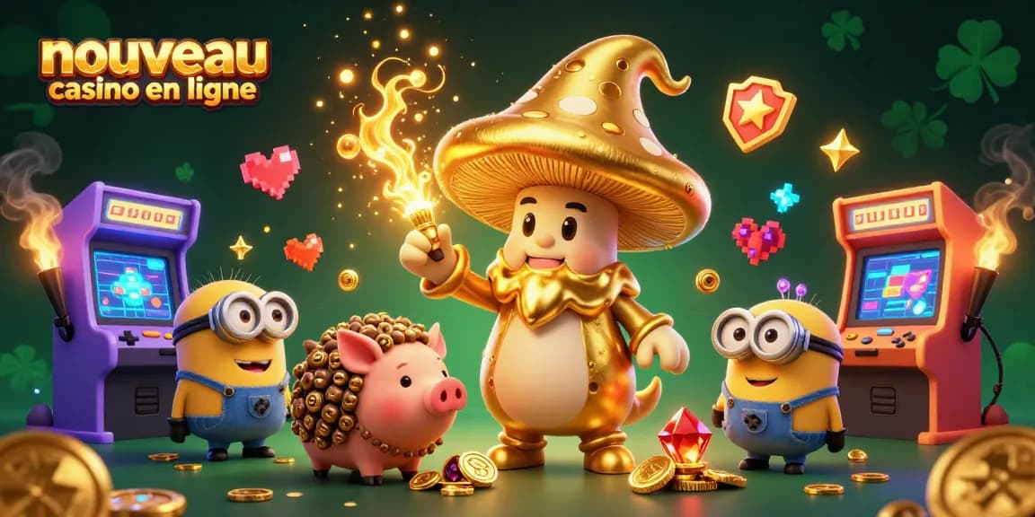 Illustration d'un nouveau casino en ligne avec un sorcier champignon doré et des éléments de jeux lumineux.