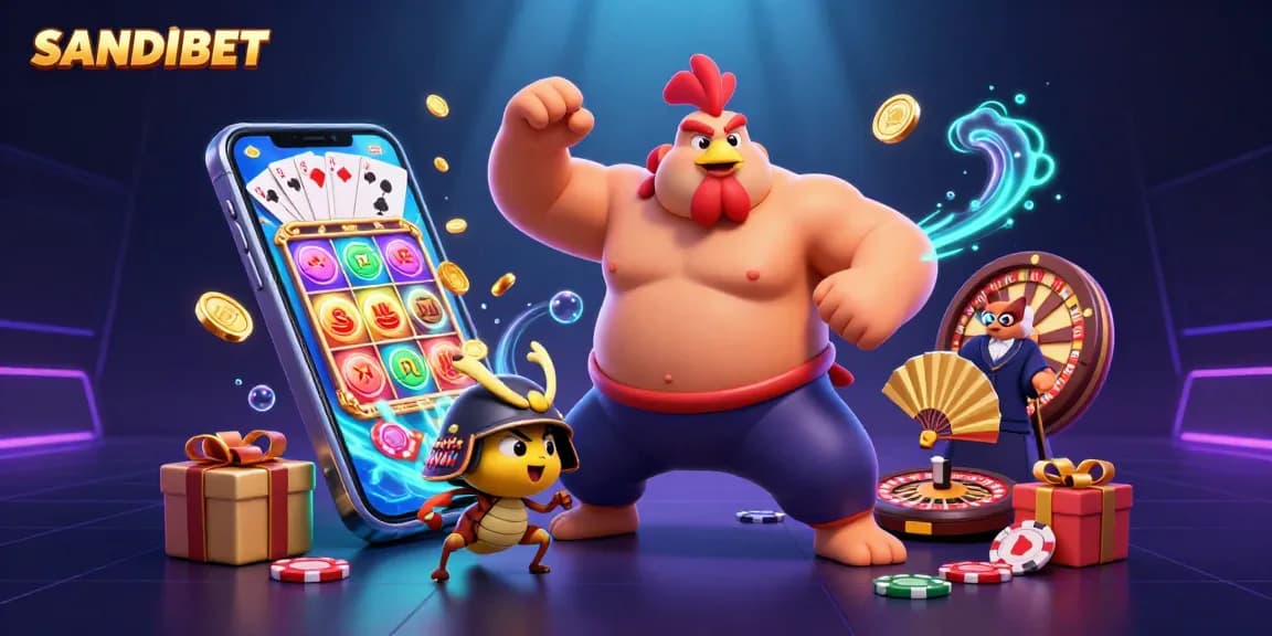 SANDIBET showcases a dynamic casino scene with exciting game elements and vibrant characters.