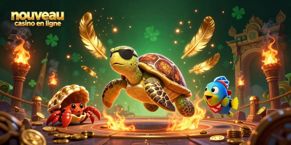 Illustration dynamique célébrant le nouveau casino en ligne avec une tortue pirate, un crabe ermite et un poisson perroquet au-dessus d'un trésor.