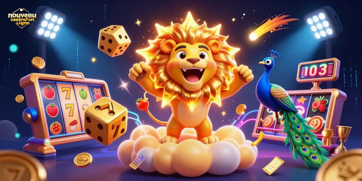 Un majestueux lion solaire brandissant la victoire au nouveau casino en ligne avec des éléments de jackpot.
