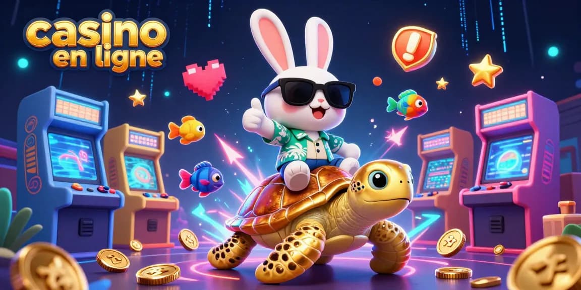 Le casino en ligne offre une expérience immersive avec un lapin chanceux sur une tortue dorée entouré de jeux.
