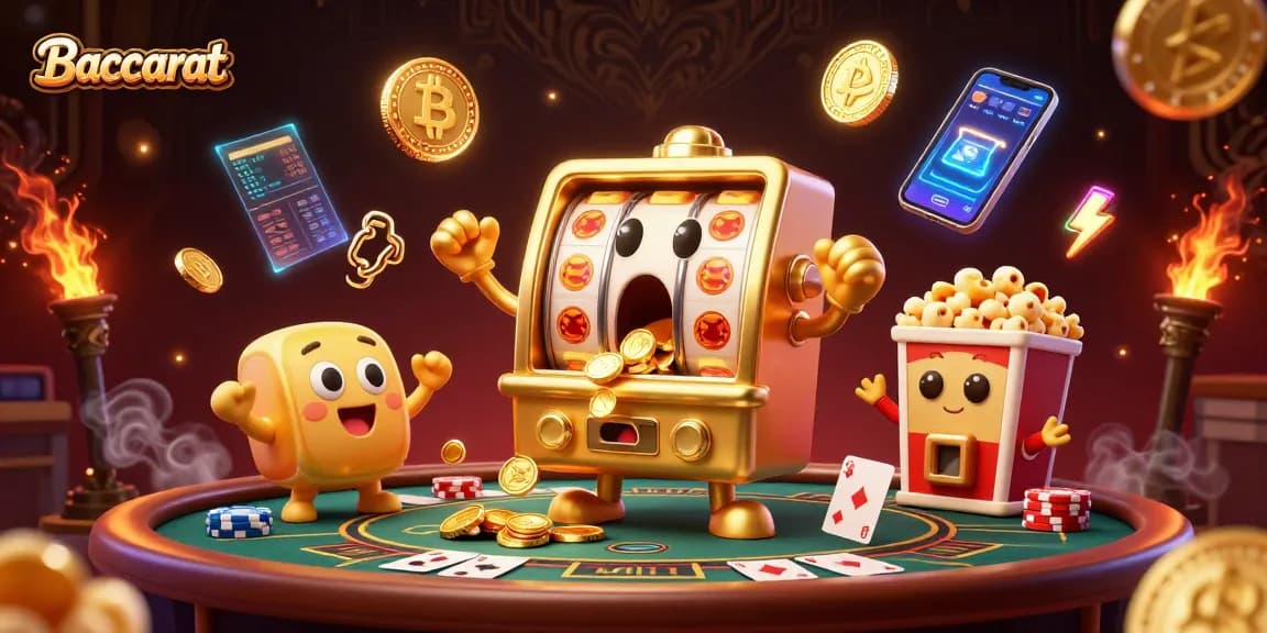 Baccarat gameplay scene with cartoon slot machines celebrating winning and casino elements around them.