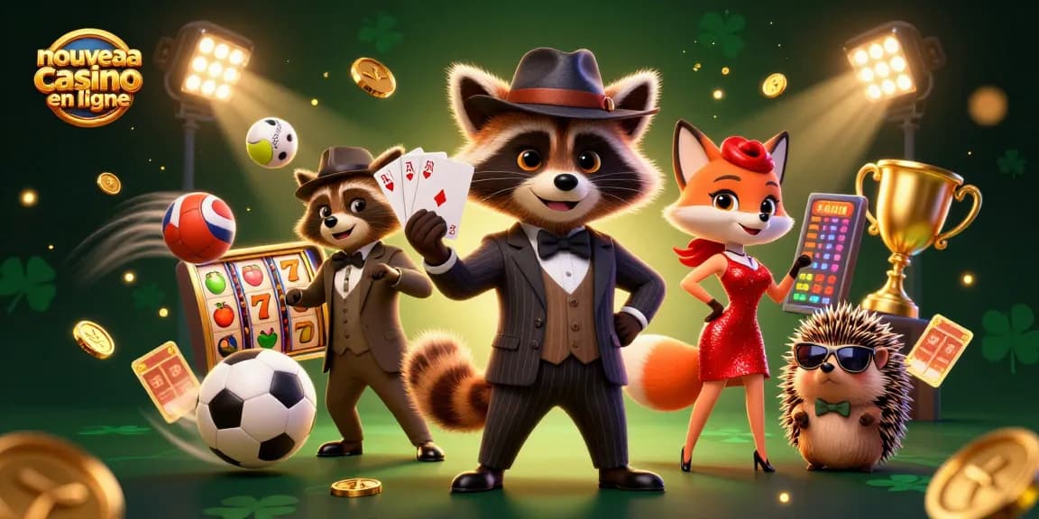 Illustration dynamique d'un nouveau casino en ligne avec des personnages de jeu et des éléments de machines à sous.