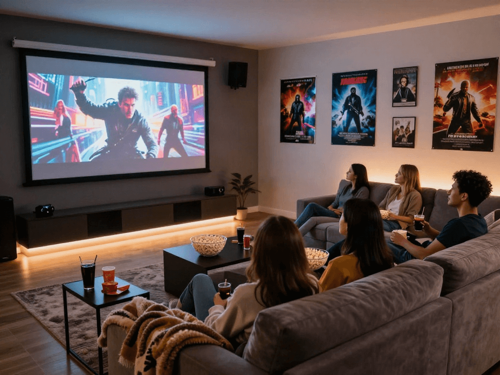 Enjoy a movie night with friends using Moviebox in a cozy home theater setup.