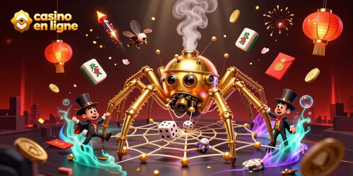 Profitez d'une expérience captivante au casino en ligne avec une araignée en steampunk et des éléments de jeu.