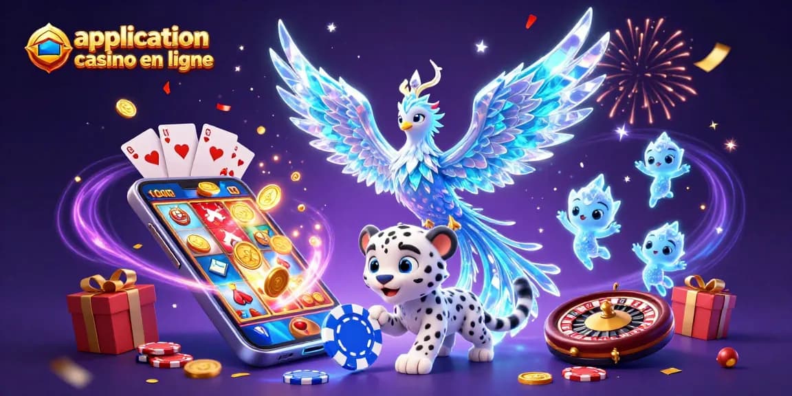 Application casino en ligne avec un phoenix de glace et des éléments de jeu animés.