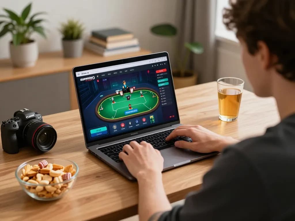 Engaging in live poker gameplay on sunwinapk at a cozy home desk with ambient lighting.