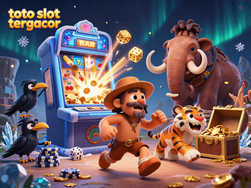 Engage in thrilling gameplay at toto slot tergacor, featuring lively 3D casino scene with cartoon characters and jackpot excitement.