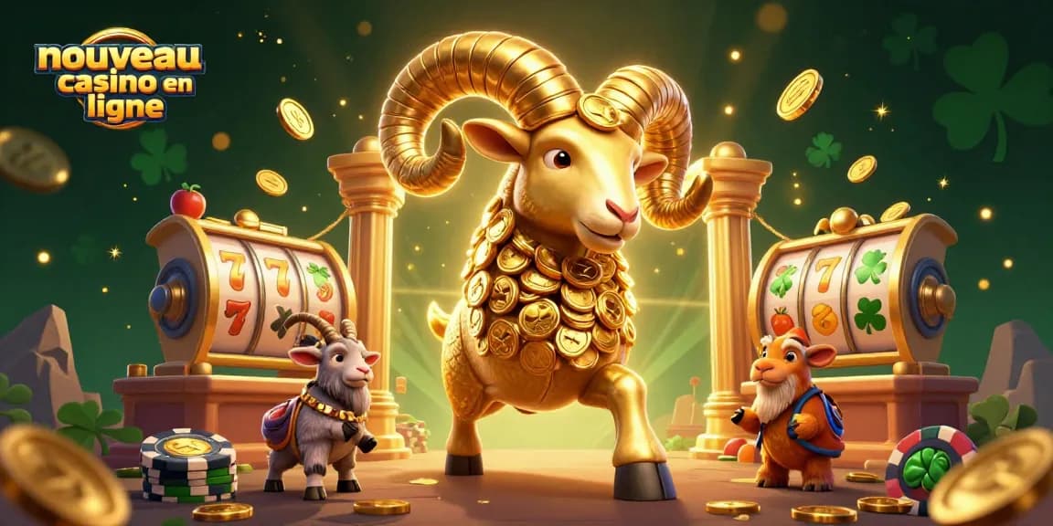 Illustration dynamique de nouveau casino en ligne avec un bélier doré chargé et des rouleaux de machine à sous.