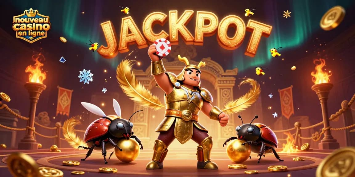 Gagnez avec le nouveau casino en ligne grâce à un hercule en armure et des jetons brillants.