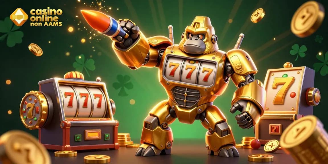 Visualizza un mech gorilla in oro con simboli di slot machine, rappresentando il casino online non AAMS.