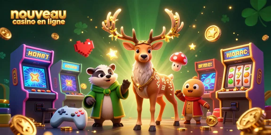 Action dynamique dans un nouveau casino en ligne mettant en scène un cerf druidique brillant avec un blaireau sage et des lumières spirituelles, entourés de machines à sous et de jeux.