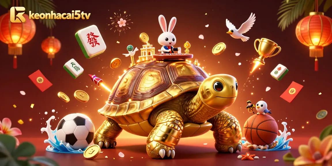 Join the fun of sports betting at keonhacai5tv with a vibrant casino-themed illustration featuring a tortoise palace.