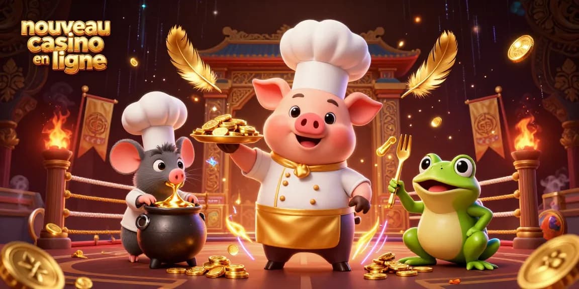 Plongez dans l'univers innovant du nouveau casino en ligne avec cette illustration captivante d'un chef cartoon, évoquant l'excitation des jeux.