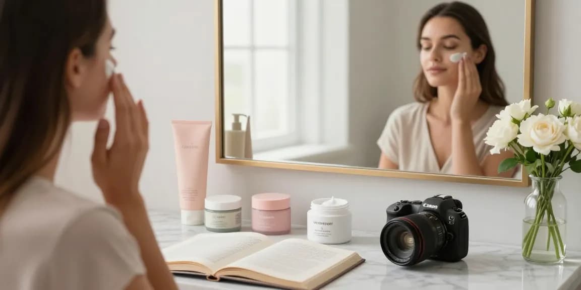 Aplicarea cremei hidratante de față într-o rutină elegantă de îngrijire a pielii cu produse premium pe un vanity din marmură.