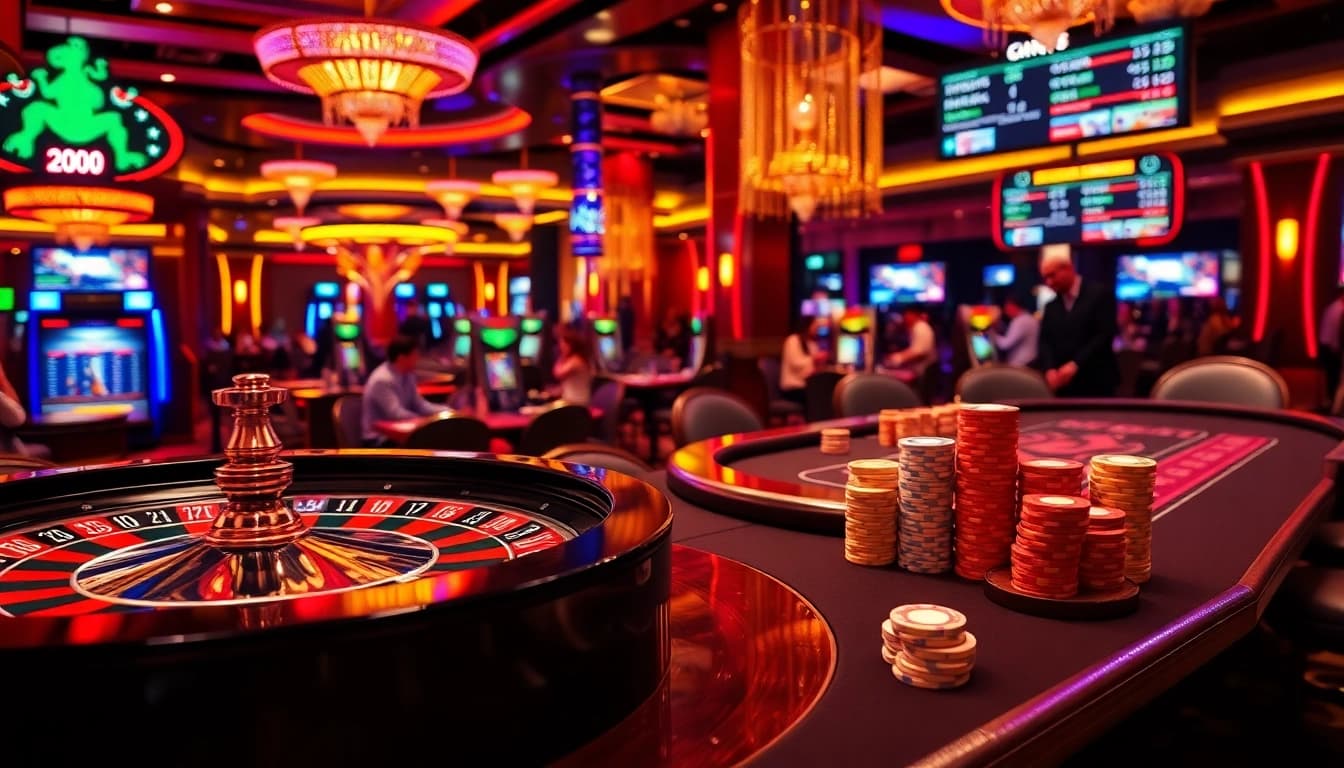 Players enjoying strategic table games in a vibrant casino, with layarkaca21 odds displayed.