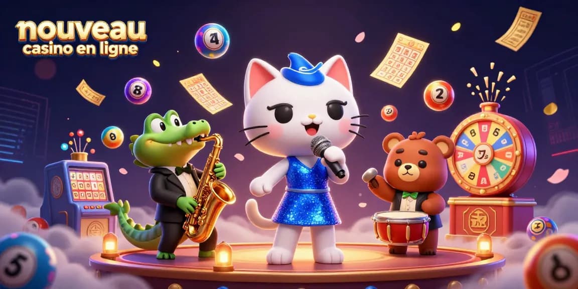 Illustration de "nouveau casino en ligne" avec un chat chanteur et des éléments de loterie colorés.
