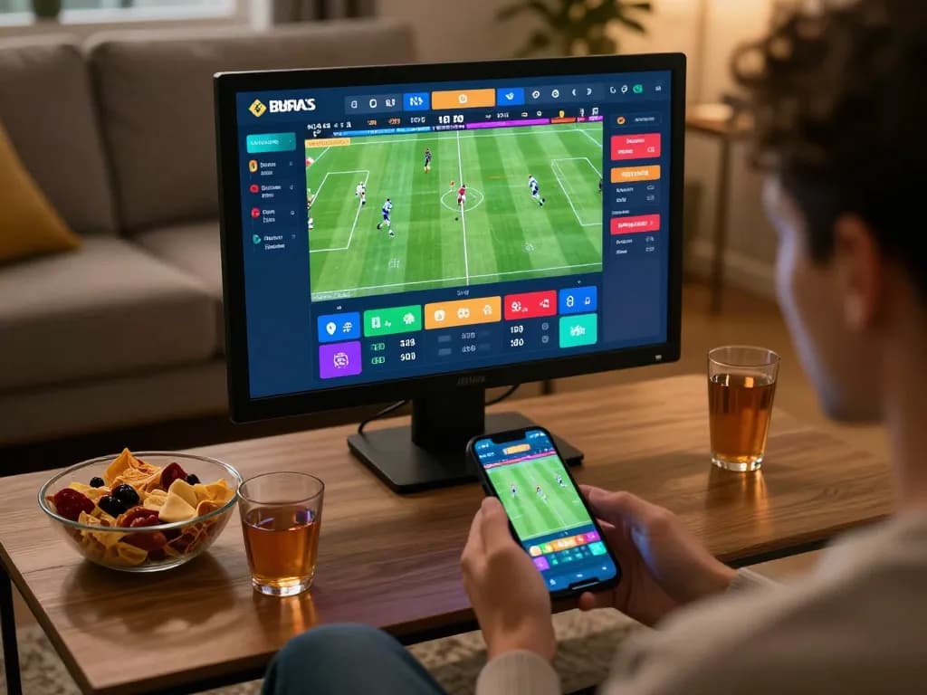 Cakhia TV sportsbook interface showcases live betting excitement as user engages with smartphone in a cozy setting