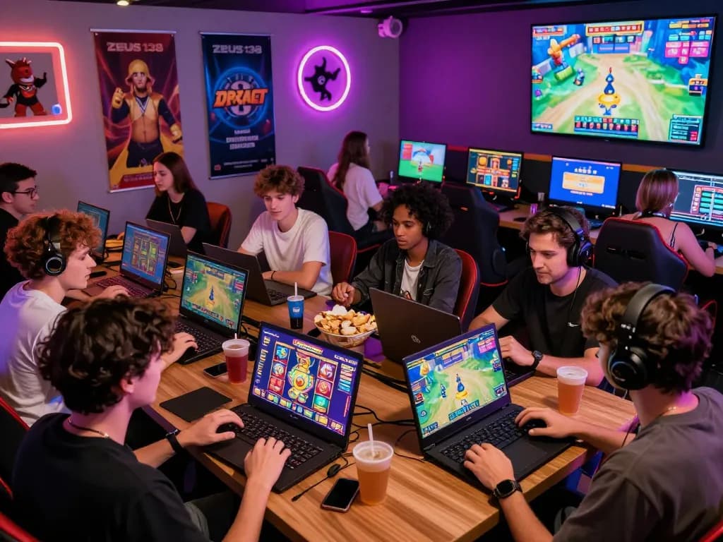Players engaging with popular slot games at Zeus138 in a vibrant gaming lounge atmosphere.
