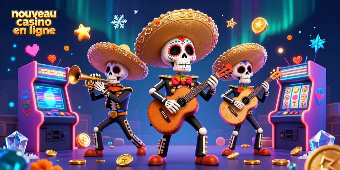 Explorez le monde du nouveau casino en ligne avec une illustration vibrante de mariachis et de machines à sous.