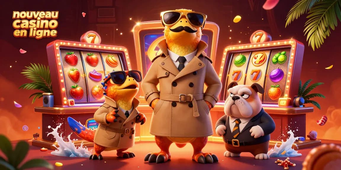 Découvrez les raptors en trench coat au nouveau casino en ligne, entourés de symboles de jeu colorés.