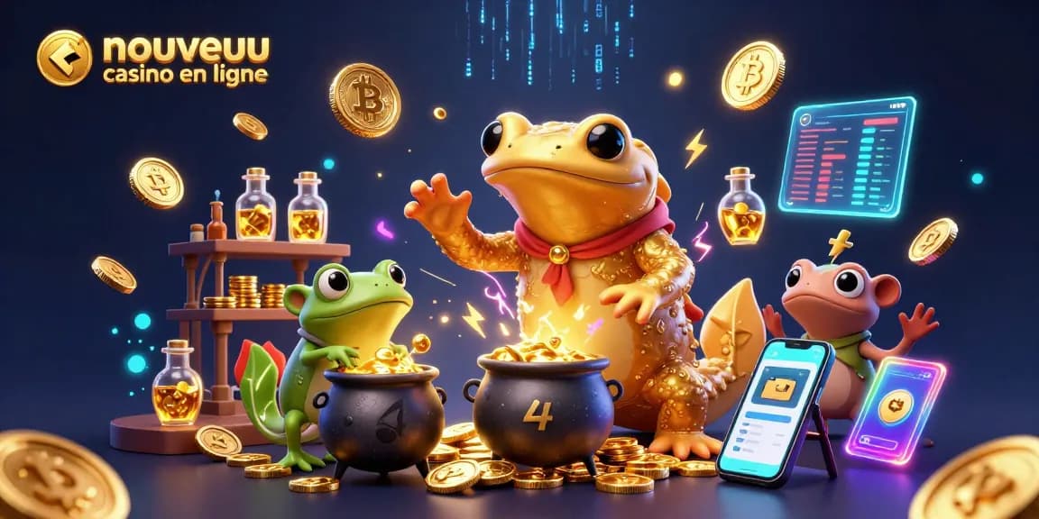 Illustration dynamique d'un nouveau casino en ligne avec un alchimiste salamandre et des cryptomonnaies scintillantes.