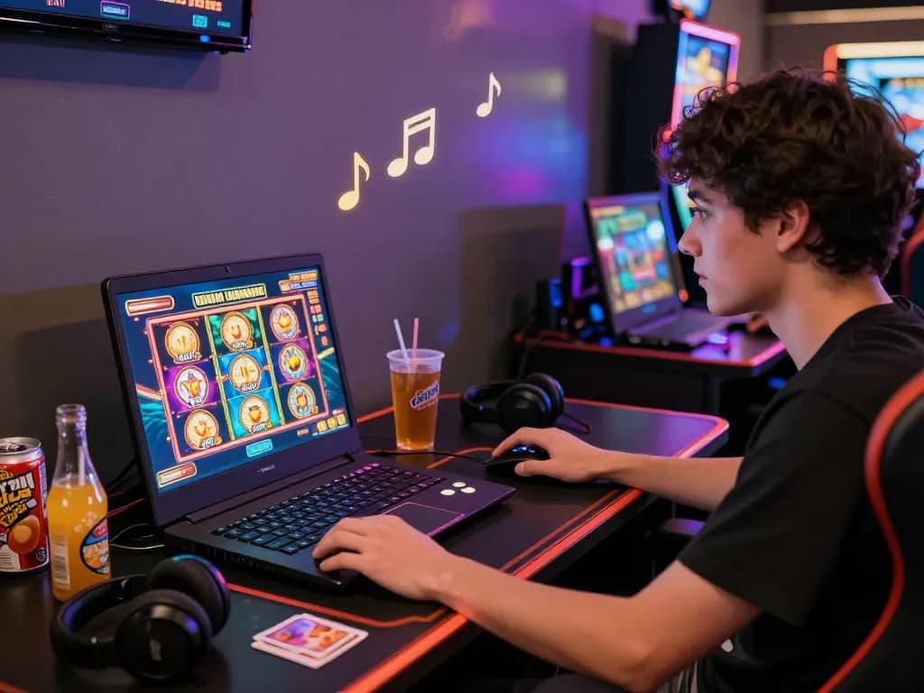 Player engaged in online gambling with vibrant slot gacor interface on screen, showcasing a lively gaming atmosphere.