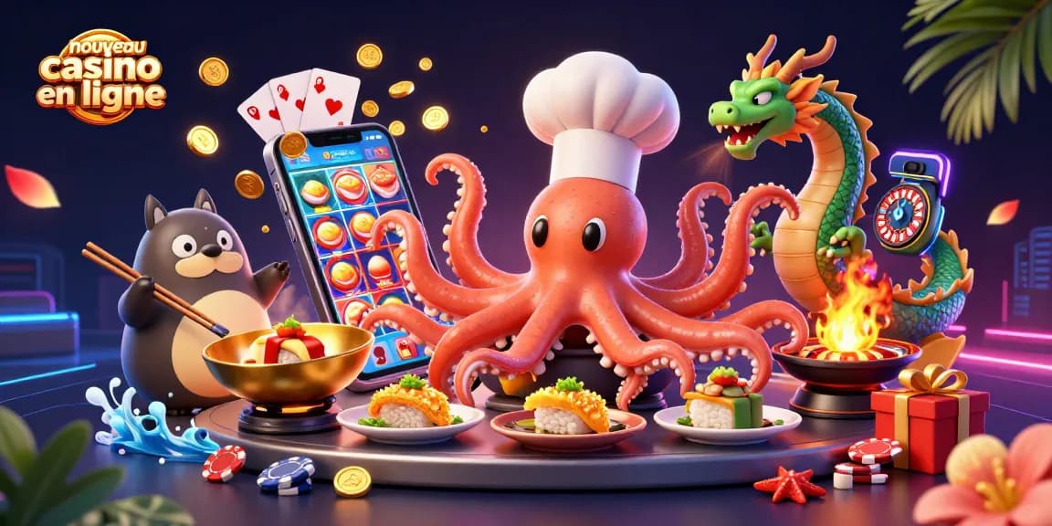 Découvrez le nouveau casino en ligne avec un affichage coloré de jeux de machines à sous et des personnages fascinants.