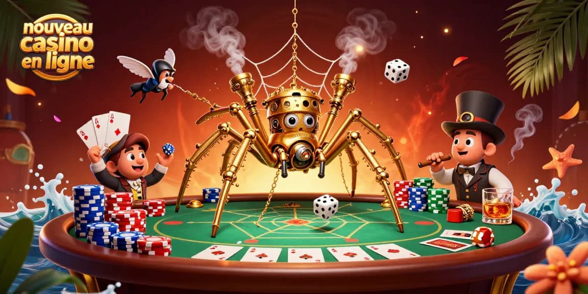 Illustration d'un nouveau casino en ligne avec une araignée steampunk dorée attrapant des dés malchanceux dans sa toile dorée.
