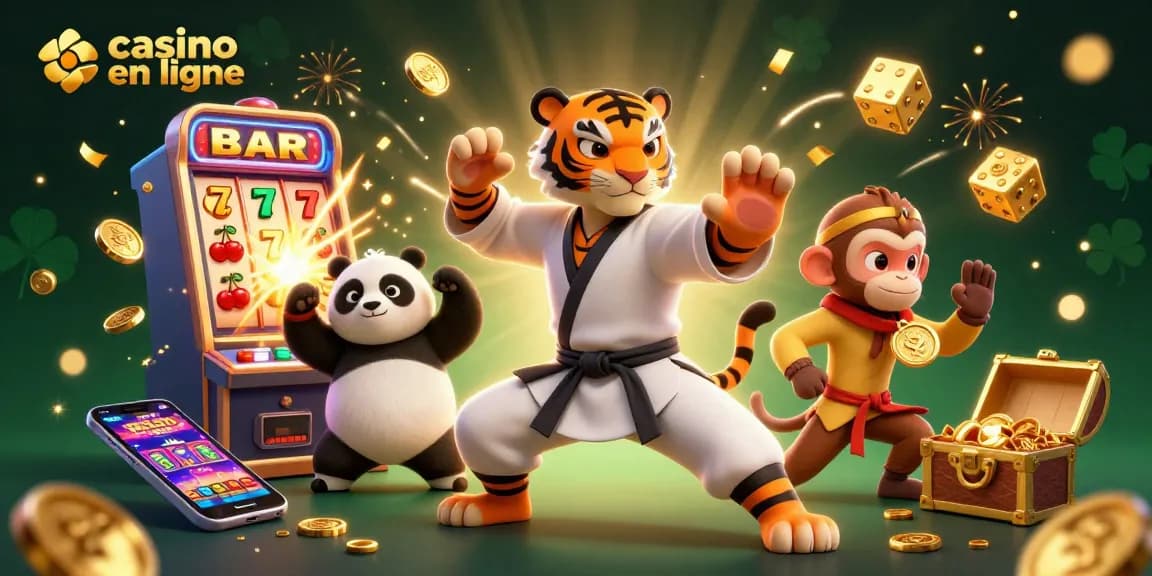 Visionnez un tigre kung-fu et un panda s'entraînant au casino en ligne, entourés de gains dorés.