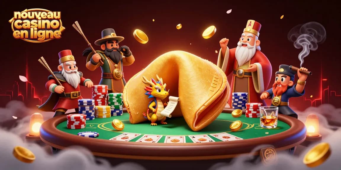 Explore le nouveau casino en ligne avec une illustration captivante de dragons et de jeux de cartes.