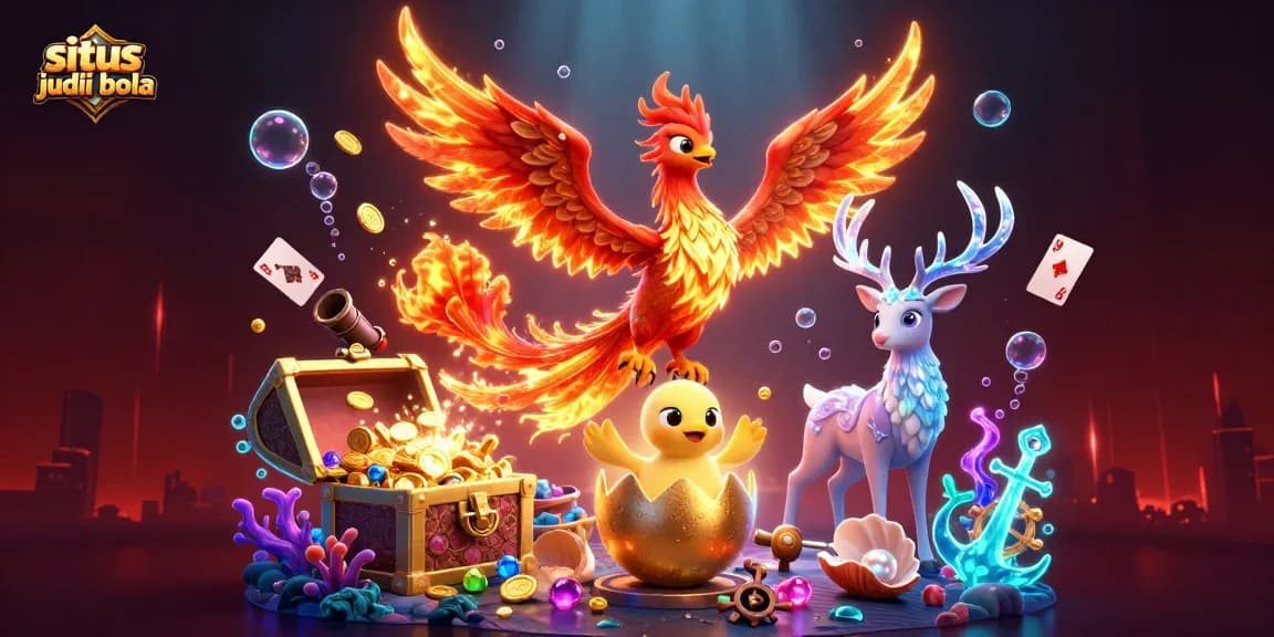 Engage in situs judi bola with vibrant 3D illustration of a phoenix and mystical stag amid glowing casino elements.