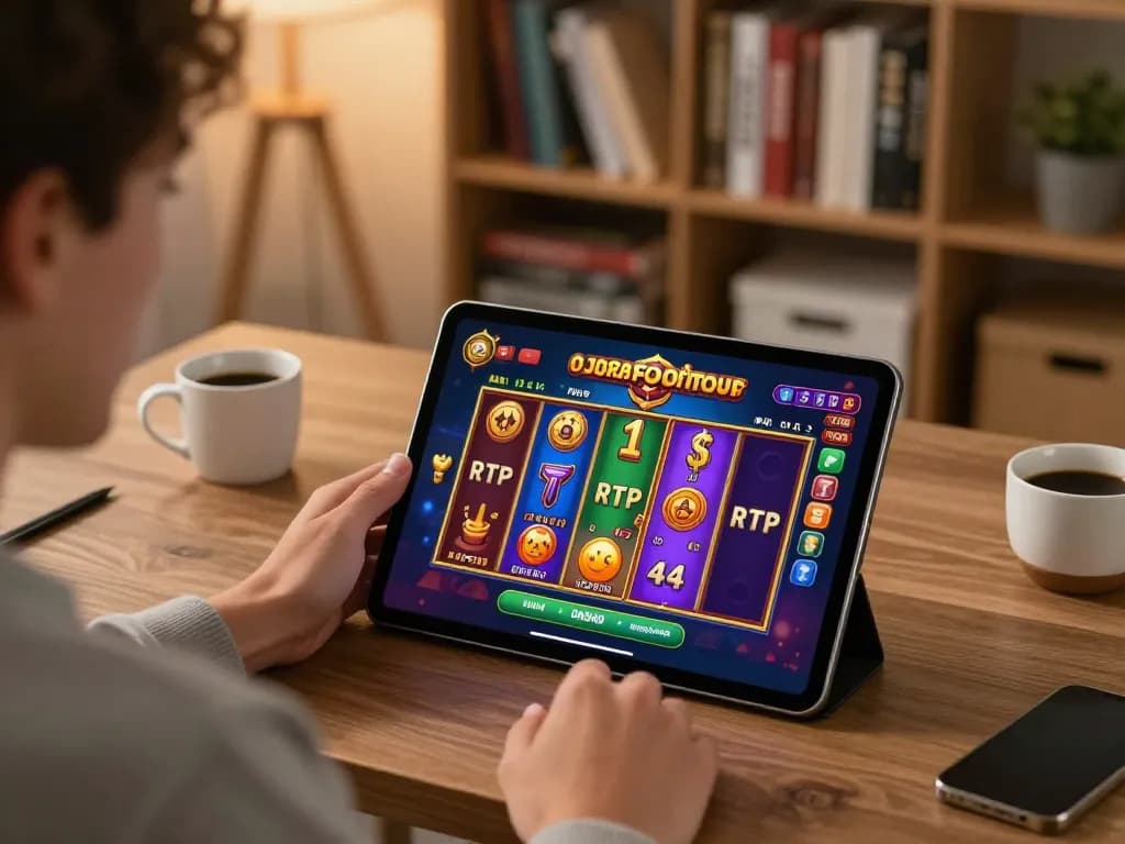 Pengguna DASI4D terlibat dengan permainan slot online di tablet, menampilkan antarmuka permainan yang cerah dan suasana perjudian yang bertanggung jawab.