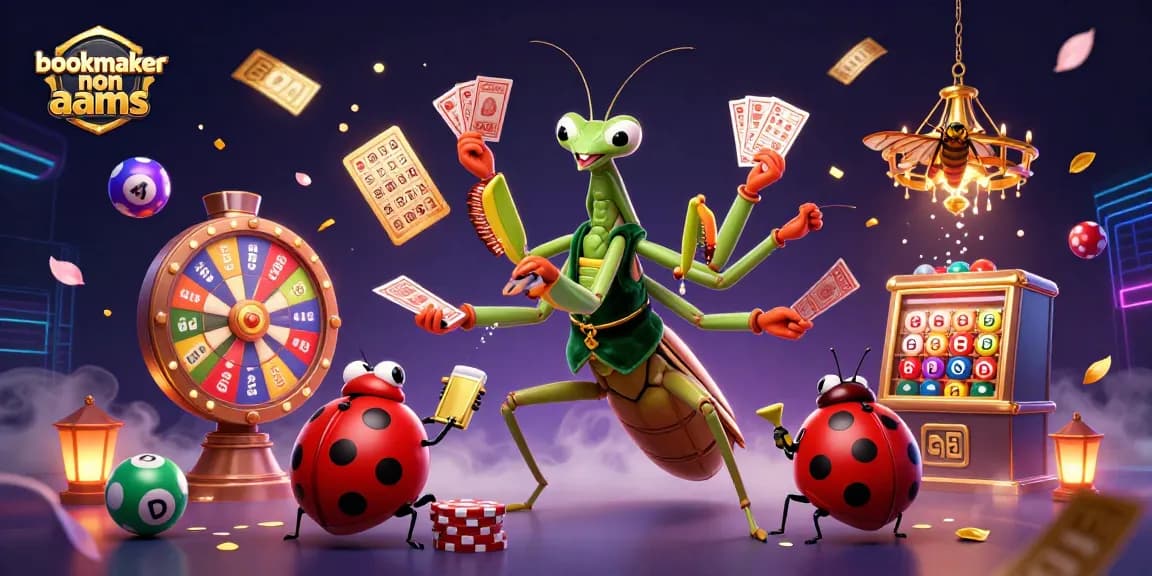 Visualizza bookmaker non aams con insetti da casinò interattivi in un'illustrazione colorata.