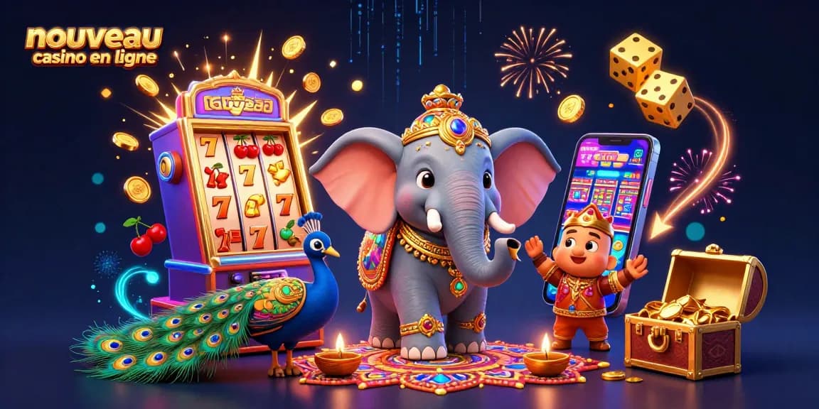 Illustration captivante d'un nouveau casino en ligne intégrant un éléphant coloré et des machines à sous scintillantes.