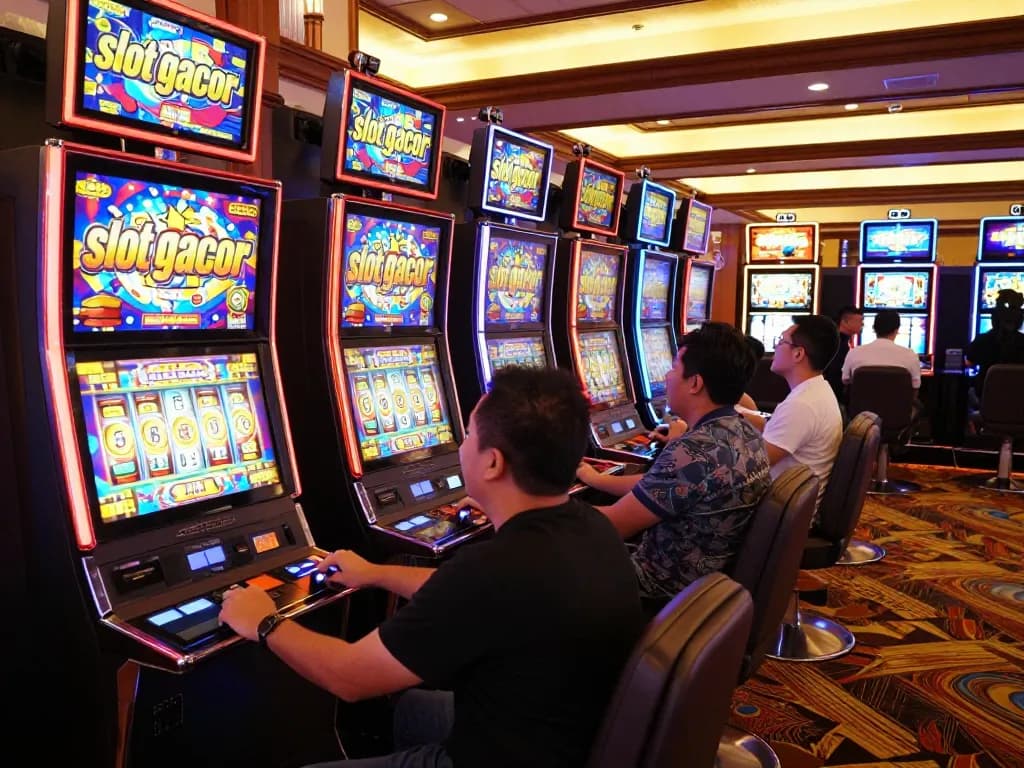 Excited players engaging with slot gacor machines in vibrant casino atmosphere