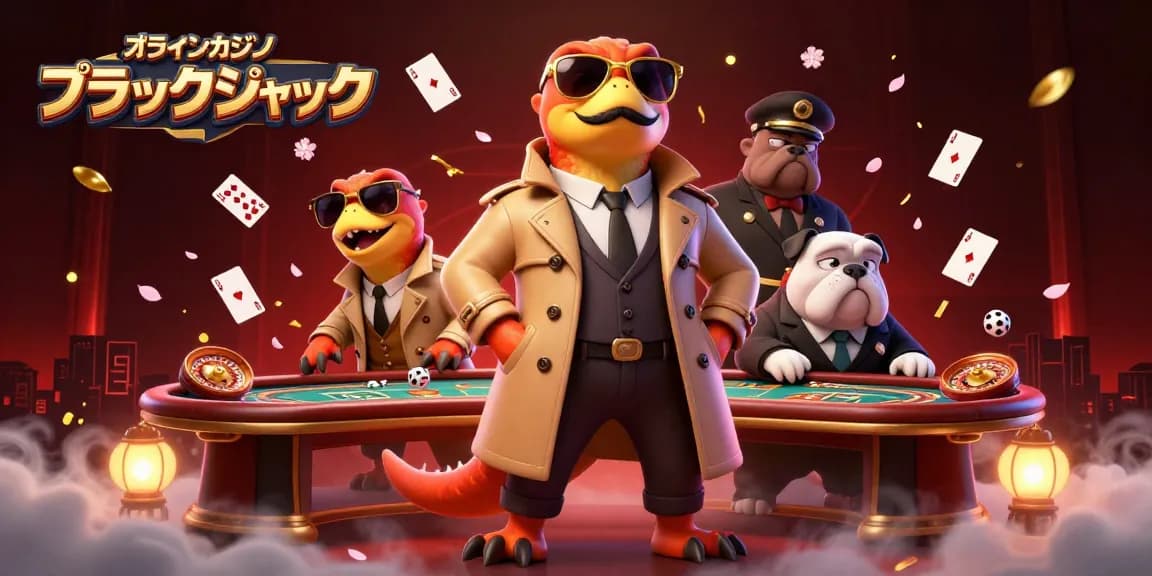 オンラインカジノ ブラックジャックを体験する3頭のラプトルのイラスト、VIPラウンジの入り口に並ぶ様子。