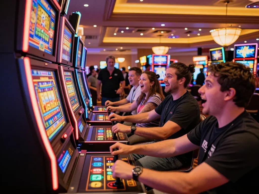 Players engaging with bright slot77 machines in a lively casino atmosphere, showcasing vibrant gameplay excitement