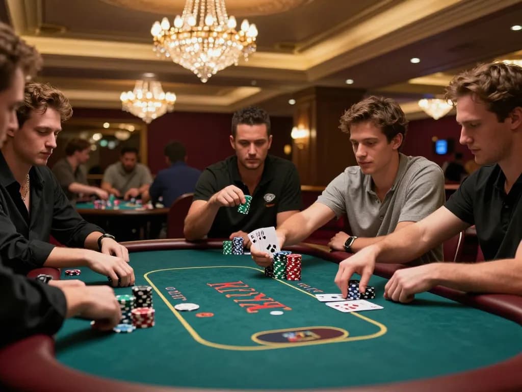 Engaging poker gameplay showcasing slot gacor situs luar negeri excitement with players and chips at a vibrant casino table.