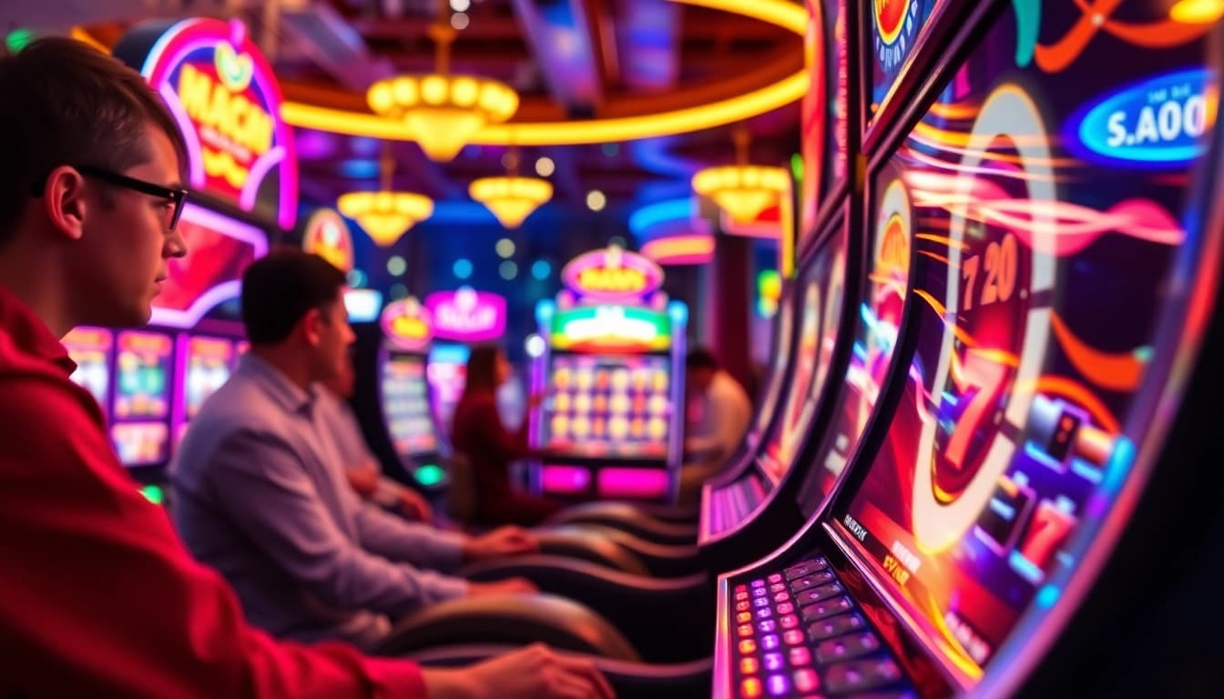 Menggambarkan pengalaman slot depo 1k yang gembira dengan mesin slot dan pemain yang aktif.