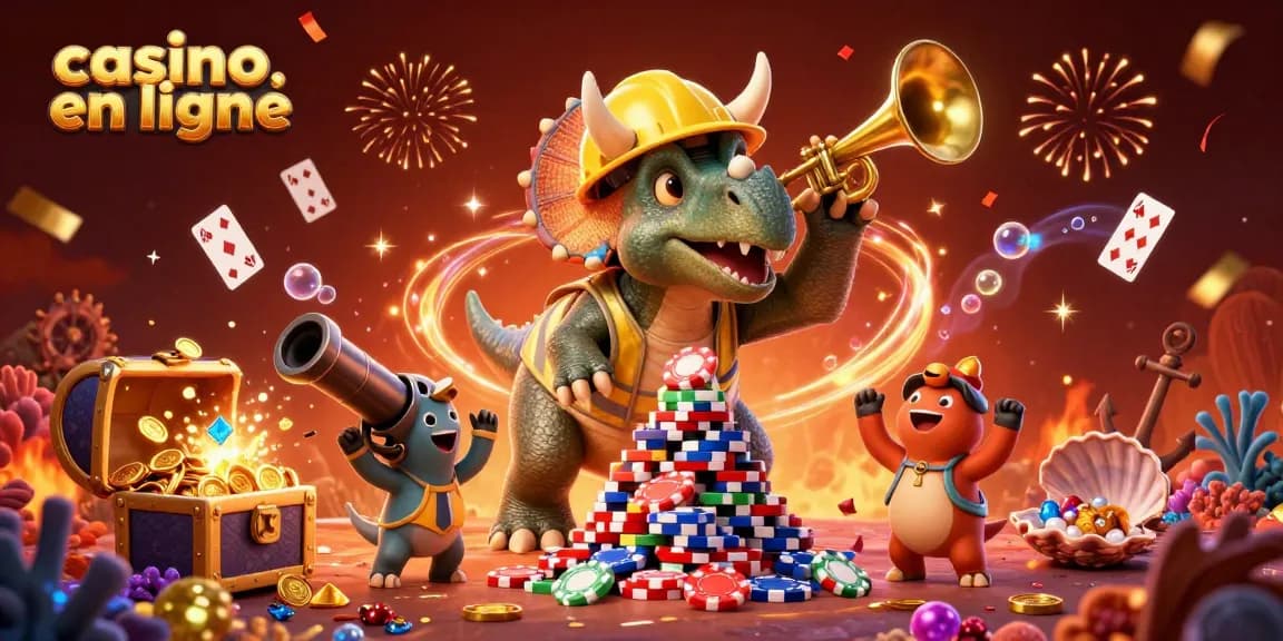 Construisez votre victoire dans un casino en ligne, avec un triceratops et des jetons de poker s'élevant en pyramide.